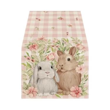 Imagem de Corredor de Mesa de Páscoa - Coelhinho Rosa, Flores e Xadrez Bufalo, C
