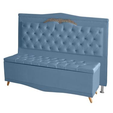 Imagem de Kit Cabeceira De Cama Box E Calçadeira Baú Madri Queen 160 Cm Suede Azul Bebê Do Lar Móveis E Decoração