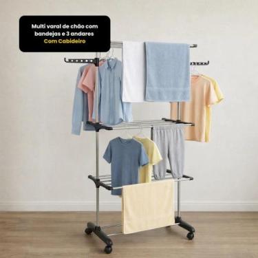 Imagem de Varal de Chão Dobrável 3 Andares com Rodinhas 360, com Travas, 6 Prate