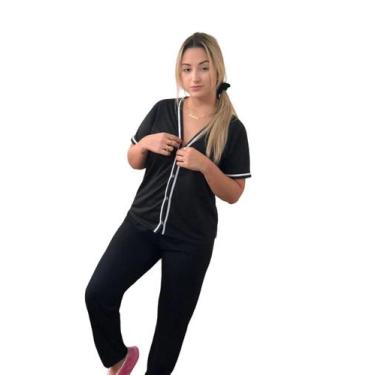 Imagem de Pijama Americano Feminino de Frio Manga curta e Calça com botões - PIJ