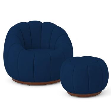 Imagem de Poltrona Decorativa Orgânica Fixa com Puff Nuvem Boucle Confortável Azul para Sala de E...