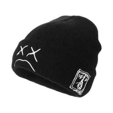 Imagem de Gorro De Malha Hip-Hop Sem Aba Bordado Com Rosto Triste Preto E Branco