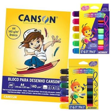 Imagem de Kit Tinta Guache Bastão 12 Cores Neon e Básicas Acrilex com Bloco de D