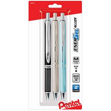 Imagem de Pentel Energel Canetas de tinta de gel retráteis de liga de 0,7 mm Rt – Pacote com 3 – Barris de metal nas cores preta, prata e água-marinha
