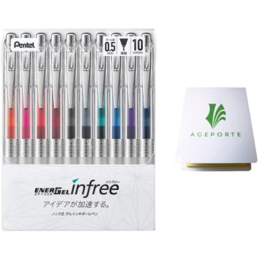 Imagem de Pentel Energel Infree Caneta esferográfica de tinta de gel 0,5 mm, ponta de agulha, conjunto de 10 cores com notas adesivas