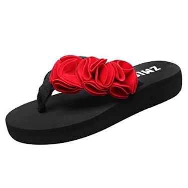Imagem de Chinelos flor moda wedges flip verão praia dedo chinelos feminino clipe antiderrapante chinelos femininos tamanho 8.5, Vermelho, 5
