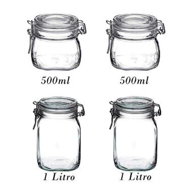 Imagem de 4 Potes de vidro hermético com tampa Fido Rocco Bormioli - 2 500ml + 2 1000ml (1 Litro) para armazenamento
