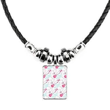 Imagem de DIYthinker Colar com padrão de música de guitarra rosa azul joia Torque pingente de corda de couro