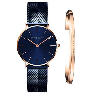 Imagem de Relógio feminino analógico de quartzo ouro rosa pulseira de malha de aço inoxidável feminino relógio de pulso à prova d'água com pulseira de punho inspiradora, blue0