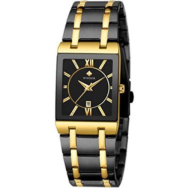 Imagem de WWOOR Relógios quadrados para homens e mulheres de aço inoxidável Mens Square Watch com data impermeável Analógico Quartz Fashion Business Casual Relógio de pulso (36C-Black Gold)