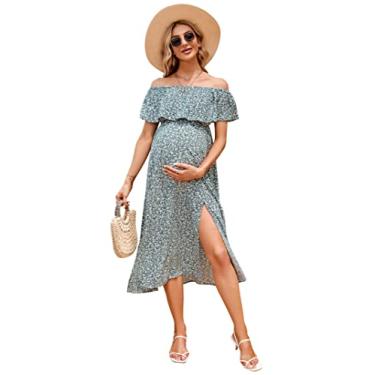 Imagem de Vestido de maternidade feminino, tomara que caia, tomara que caia, evasê, casual, maxi vestido fotográfico para chá de bebê, Estampa verde claro, P