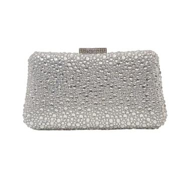 Imagem de HUANG ZHUANG Bolsa feminina para noite, bolsa de mão com strass brilhante, bolsa de cristal para festa de casamento e noite, Prata
