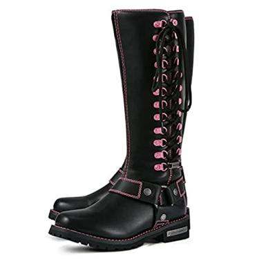 Imagem de Dream Apparel Bota feminina de motociclista para motociclista, bico quadrado com cadarço e zíper lateral, calçado feminino de couro PU preto, rosa, 39