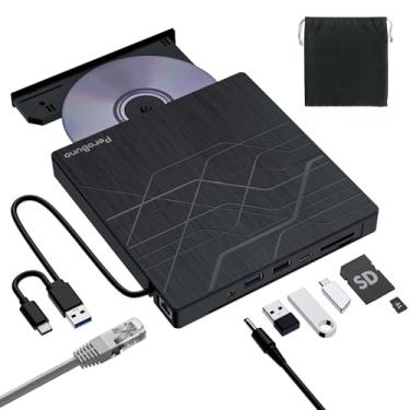 Imagem de PeroBuno Super Drive De Cd Dvd Externo, Gravador De Dvd Usb 3.0 Com Adaptador Ethernet, 3 Portas Usb E 2 Portas De Cartão Tf/Sd, Leitor De Cd Dvd Gravador Unidade De Disco Óptico Para Laptop Macbook