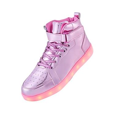 Imagem de PYYIQI Tênis com luz de LED para crianças de cano alto para meninos e meninas sapatos de dança hip-hop para festa de Halloween Natal com carregamento USB, rosa, 12 Little Kid