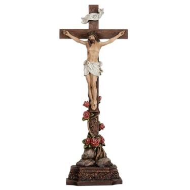Imagem de Grace4Joy Crucifixo em pé, cruz de Jesus Cristo de 35 cm com base decorada com rosa, crucifixo pintado à mão para decoração de altar de mesa católica