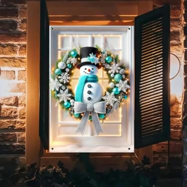 Imagem de BlissYard Capa de janela de Natal, guirlanda de boneco de neve, faixa de janela de feriado, azul, verde, prata, bolas de Natal, arco de floco de neve, festa de Natal, decoração sazonal interna, fundo