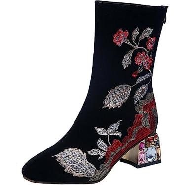 Imagem de Botas femininas de neve bordadas florais de camurça quente de inverno botas curtas de salto baixo botas de cano curto botas para uso ao, Preto, 8.5