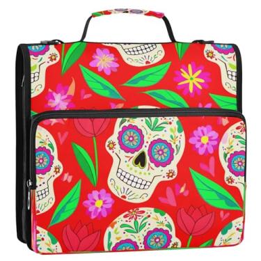 Imagem de Wassud Caveiras de açúcar com fichário floral com zíper 3 anéis com alça de ombro e alça de vários bolsos, organizador de pastas expansíveis