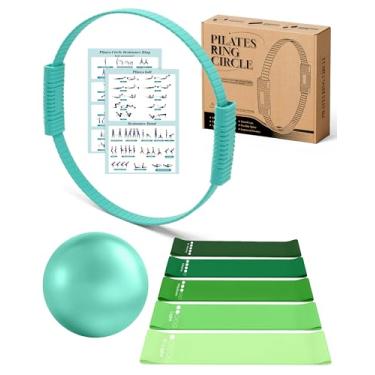 Imagem de Conjunto de anéis de pilates, kit de pilates para mulheres, conjunto de anel e bola de pilates, círculo mágico, argola com 5 faixas de resistência compactas tonificação fitness essenciais para
