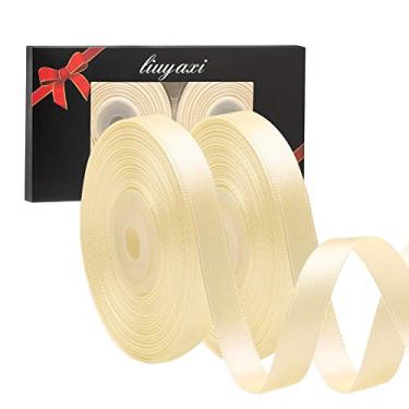 Imagem de Fita de cetim de dupla face marfim/verde de cor lisa 1,27 cm x 50 metros, fitas perfeitas para artesanato, decoração de casamento, criação de laços, costura, embalagem de presente e mais