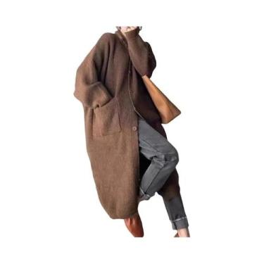 Imagem de Cardigã Feminino De Tricô Gola Alta Manga Longa Cor Sólida Comprimento