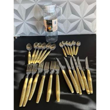 Imagem de Conjunto de talheres amarelo 24 peças com jarra de vidro com tampa faq