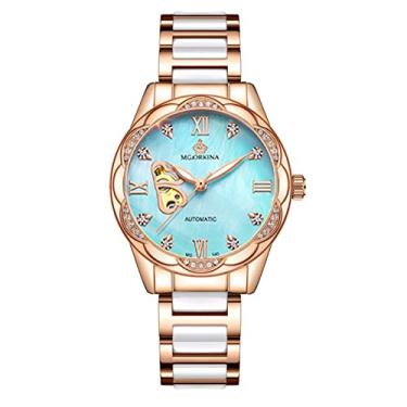 Imagem de Relógio feminino de cerâmica, elegante pulseira mista de aço inoxidável com strass brilhante, mostrador de esqueleto, relógio de pulso mecânico automático à prova d'água, 30 m, azul