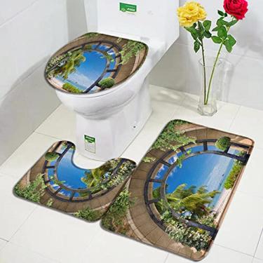 Imagem de Conjunto de tapetes de banho de praia de palmeira em arco, cenário do oceano, tapete de porta de flanela, decoração do banheiro, tapete de tampa de vaso sanitário antiderrapante, 10341J, conjunto de 3 peças, 60x40 cm, 23,6x15,7 pol.