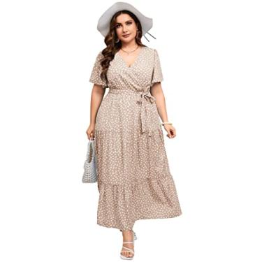 Imagem de KOJOOIN Vestido longo feminino plus size com decote em V, cintura alta, babados, manga curta, vestido casual de verão com cinto, Manga curta, cáqui, ponto branco, 3G
