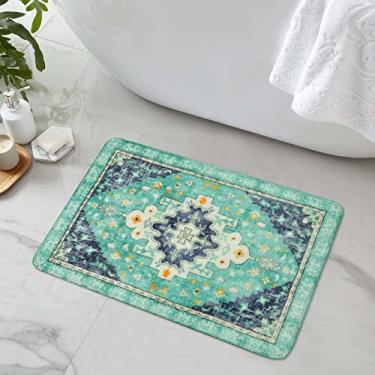 Imagem de Uphome Boho Retro Tapete de Banheiro Verde Antiderrapante Macio Lavável à Máquina Oriental Pequeno Tapete de Banho Tradicional Tribal Floral Tapete de Banheira para Pia Chuveiro, 45,7 x 63,5 cm