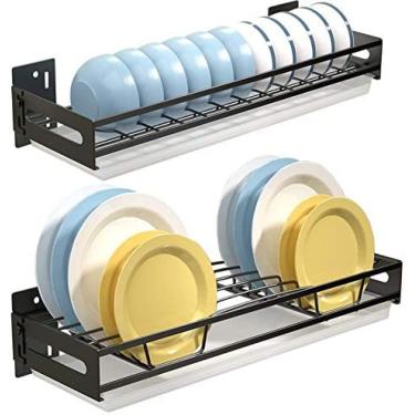 Imagem de Escorredor de pratos montado na parede, rack de pratos de aço inoxidável, rack de secagem de pratos com placa de drenagem, removível para lavar, rack de armazenamento de cozinha, economizar