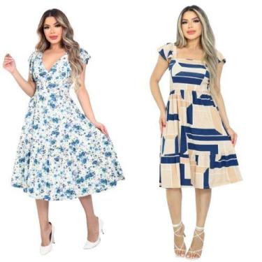 Imagem de Kit 2 Vestido Feminino Midi Manga Curta Evasê Decote Quadrado Babado B