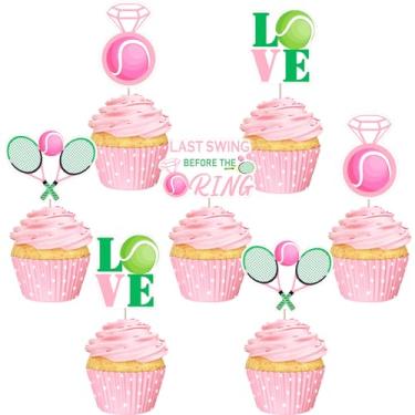 Imagem de kreat4joy Decorações de festa de despedida de solteira, 24 peças Last Swing Before The Ring Toppers Cupcake Decorações de bolo de tênis para mulheres, casamento, esportes, chá de noiva, artigos de