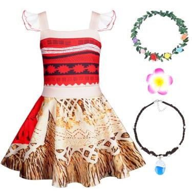 Imagem de AUYAO Fantasia de princesa Moana para meninas, fantasia de princesa, fantasia de princesa com colar, conjunto de fantasia de princesa para festa temática de aventura, vestido de princesa do oceano