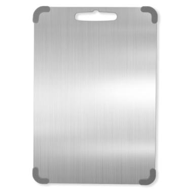 Imagem de Tábua de corte de aço inoxidável com canto de silicone, ferramenta de cozinha portátil sólida antiderrapante, tábua de corte dupla face, grau alimentício, antiaderente, durável e fácil de limpar (36