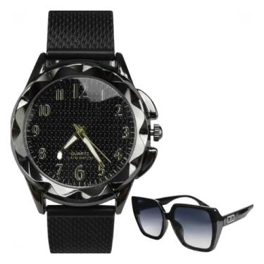 Imagem de Kit Relógio Feminino Analógico Preto Pulseira Silicone Ajustável + Óculos Sol Quadrado Proteção UV Elegante