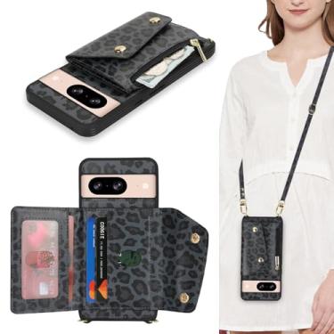 Imagem de Lipvina Capa para Google Pixel 8 com suporte de cartão e alça - bolso com zíper, alça transversal, porta-cartão de crédito, linda capa carteira de telefone para mulheres (leopardo preto)