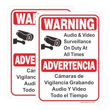 Imagem de Sinais bilíngues de vigilância de áudio e vídeo de aviso, pacote com 2 25,4 x 17,8 cm de vigilância em espanhol inglês por câmeras de vídeo em serviço em todos os momentos, placa de segurança