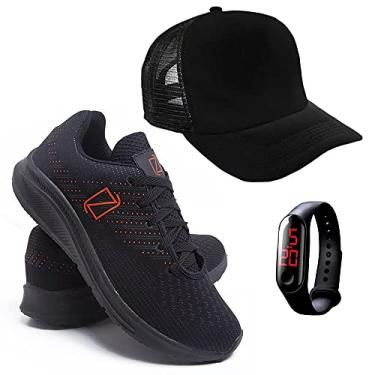 Imagem de Tenis Masculino Academia Ultra Leve + Relógio Digital + Boné - PretoLaranja/ 39