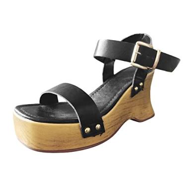 Imagem de Sandálias femininas de verão com fivela sólida casual bico aberto anabela confortável sapatos de praia femininos ultra confortáveis 3 sandálias tanga (preto, 9)