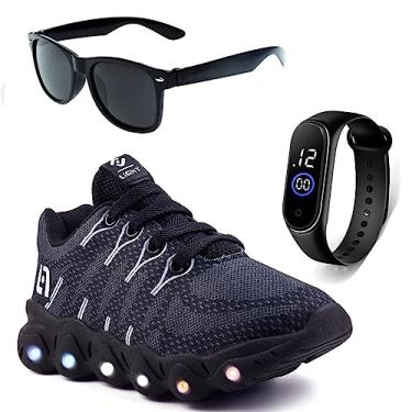 Imagem de Tenis Infantil De Led Meninos Calce Facil Desenhos Luzinha LIGHT + Oculos Relogio Cor:Preto;Tamanho:29
