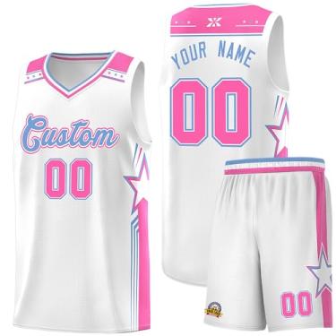 Imagem de Camiseta de basquete personalizada com logotipo de número de nome, regata e shorts estampados personalizados para homens mulheres jovens, 19.pink/branco, One Size