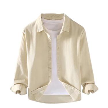 Imagem de Camisa masculina de veludo cotelê primavera outono cor sólida gola virada para baixo camisa masculina manga longa algodão solto, Bege, GG