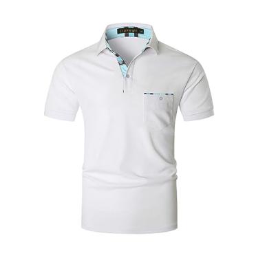 Imagem de LIUPMWE Camisa polo masculina manga curta xadrez patchwork gola polo com bolso, Dt06-branco, 3G