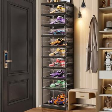 Imagem de CIMLORD Sapateira dobrável de 9 camadas para entrada de armário de 9 a 18 pares, organizador de caixas de armazenamento de sapatos transparentes empilháveis com porta de plástico pequenas caixas de