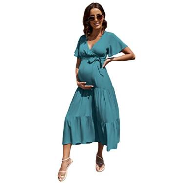 Imagem de Coolmee Vestido feminino para gestantes, gola V, manga comprida, plissado, para chá de bebê ou uso casual, Darkgreenshoort, G