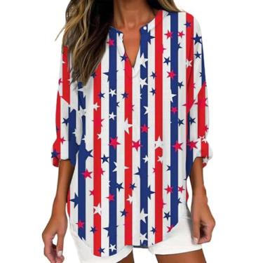 Imagem de Blusa feminina de linho com bandeira americana, patriótica, manga comprida, gola V, tamanho grande, túnica estampada em 4 de julho, Vermelho, XG