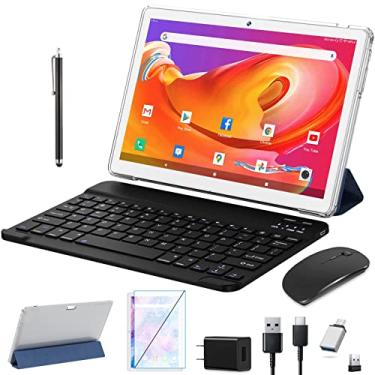 Imagem de Tablet Android 2024 de 10,1 polegadas com teclado – tablets WiFi 5G RAM 4GB ROM 64GB 512GB expansível -6000mAh câmera dupla Bluetooth 5.0 1080 FHD GPS prata
