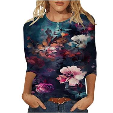 Imagem de Camisetas femininas de outono 2024 manga 3/4 estampa floral gola redonda camisetas fofas casuais soltas túnica top roupas confortáveis, Roxa, GG